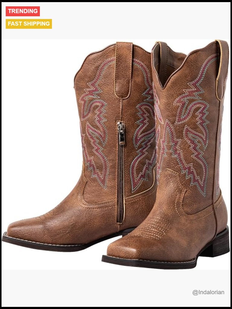 Extra Wide Calf Cowboy Boots With Side Zipper Square Toe Faux Leather Cowgirl